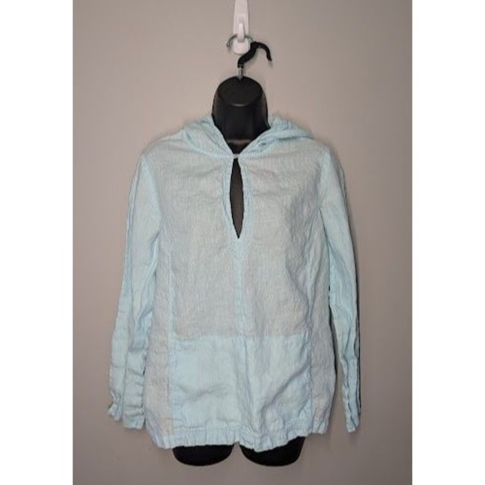 Talbots Pure Irish Linen Hooded Tunic Light Blue Split Neck Long Sleeve Top L